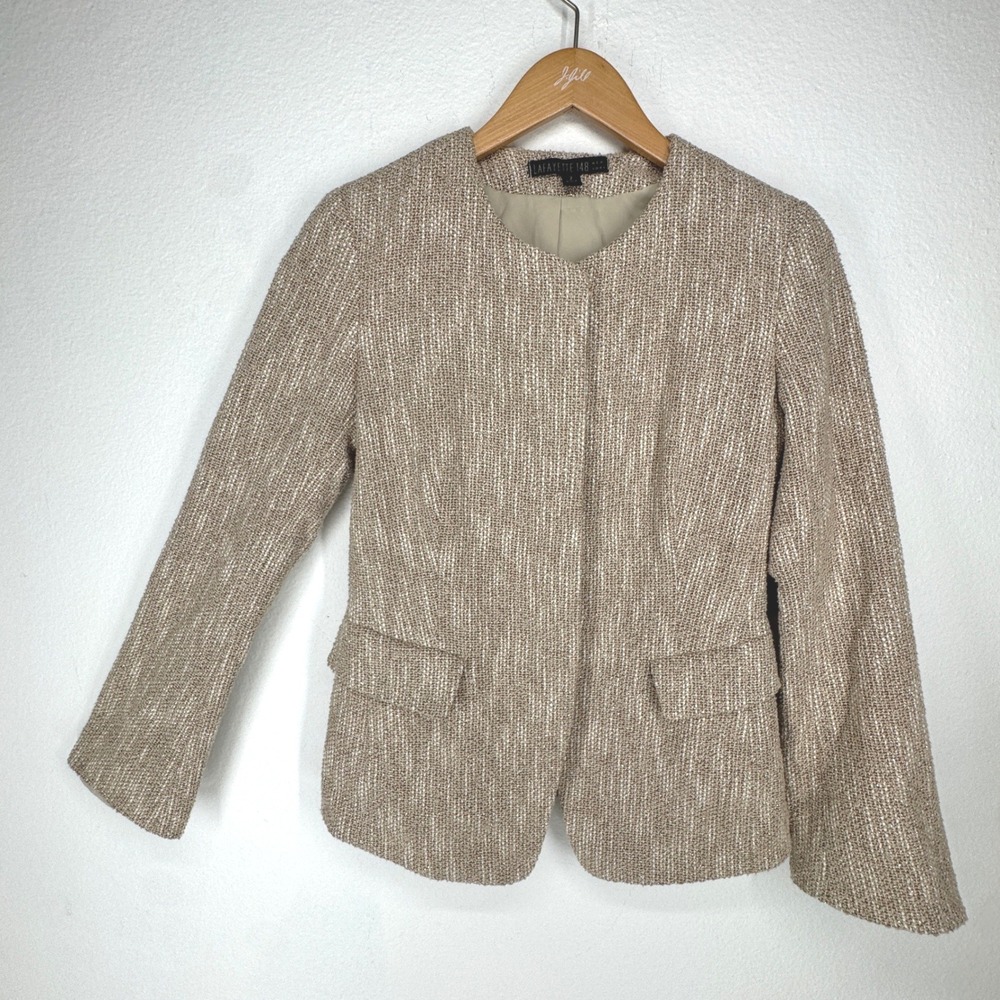 Lafayette 148 New York Tan Tweed Hidden Button Collarless Blazer Jacket Size 2